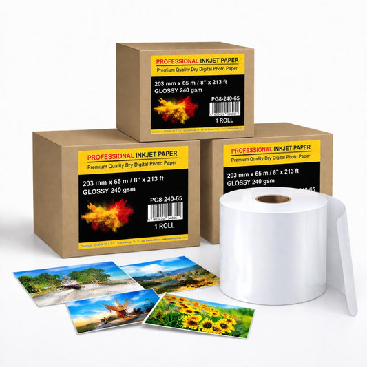 Professional Inkjet Paper – papier fotograficzny w rolce o wymiarach 203mm (8'')*65m*3''' - GLOSSY - Frontier-S DX-100, SureLab D700, Green II
